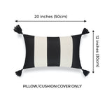 SALE: Modern Boho Outdoor Lumbar Pillow, Malta, Striped Tassel, Black, 12"x20"