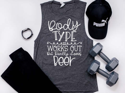 Body Type Beer Workout Muscle Tank - Charcoal Tank with White Lettering