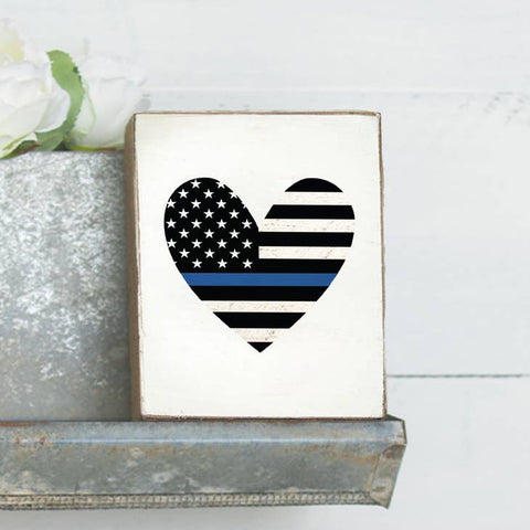 SALE: Blue Line Flag Heart Decorative Wooden Block