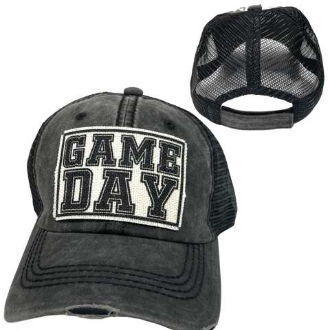 GAME DAY BALL CAP | UNISEX HAT | DISTRESSED - Black w/Black Mesh