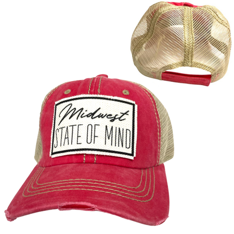 MIDWEST STATE OF MIND CAP | UNISEX HAT | DISTRESSED - Red w/Coffee Mesh